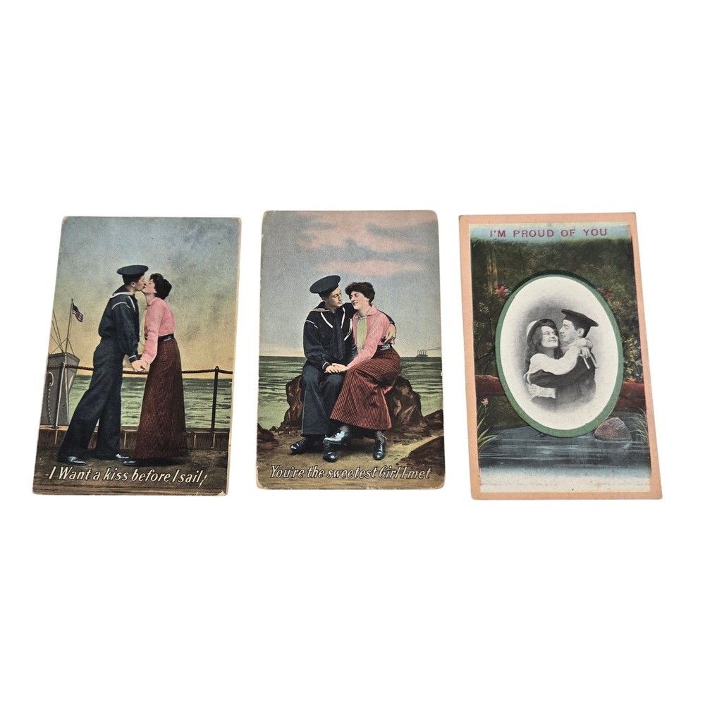 Lot 3 Antique Sailor Sweetheart Postcards WWI Era Romantic Navy Military Kiss